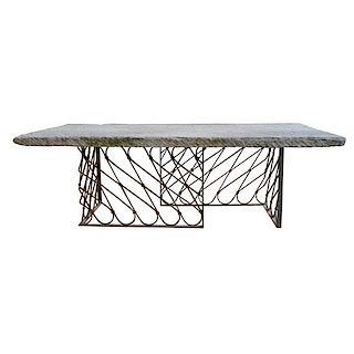 A Stone and Wrought Iron Table 98" W x 47" D x 31.5" H