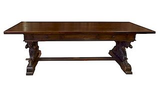 A Carved Refectory Table with Figural Supports 95" W x 35.5" D x 31" H
