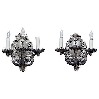 A Pair of Caldwell Silvered Brass Sconces 9" W x 10" D x 15" H