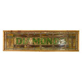 A "DIAMONDS" Prairie School Stained Glass Panel 90" W x 1.5" D x 26" H