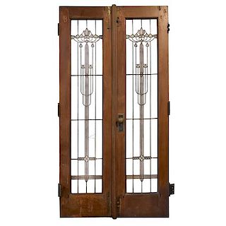 A Pair of Prairie School Leaded Glass Doors 42" W x 1.5" D x 81.5" H