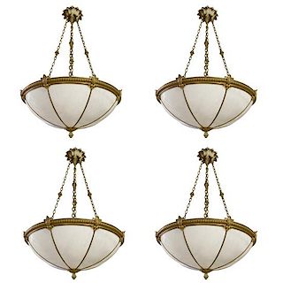 A Set of Four Bronze and Glass Chandeliers 24" W x 24" D x 44" H