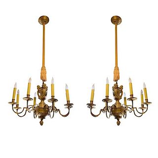 A Pair of Brass Eight Arm Chandeliers 34" W x 34" D x 53" H