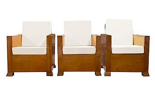 A Set of Three Burl Wood Club Chairs 26" W x 33.5" D x 34" H