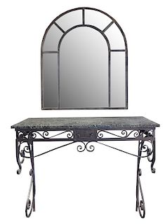 A Wrought Iron Console from the Florsheim Estate, Highland Park, IL. Vanity: 48" w x20" d x 41.5" tall Mirror: 36" w x 1" d x 42
