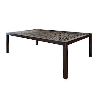 An Oak and Steel Coffee Table with Lattice Panel from the Oak Park Club, Oak Park, IL. 70" W x 38.5" D x 20.25" H