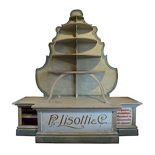 A Painted Six Tier Display Shelf for Lisotti Distilling 115" W x 36" D x 129.5"
