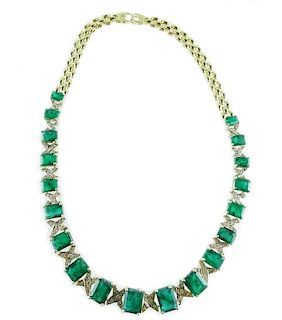 14K Gold 40.00ct Emerald & Diamond Estate Necklace