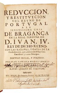 MORELI, Juan Bautista. Reduccion y Restituycion del Reyno de Portugal a la Serenissima Casa de Braganca. Turin, 1648.