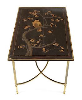 A Lacquer and Brass Low Occasional Table, Height 18 x width 24 1/4 x depth 17 inches.