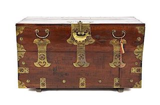 A Chinese Hardwood and Brass-Mounted Trunk, Height 20 x width 34 x depth 16 inches.