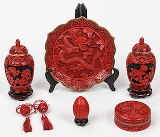 Collection of 7 Chinese Cinnabar Carvings