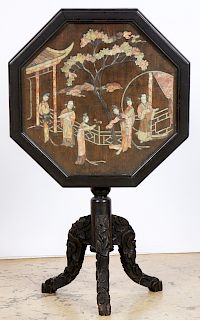 Late 19th C Chinese Stone Inlaid Tilt Top Table