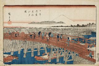 Antique Japanese Woodblock Print: Nihonbashi Bridge