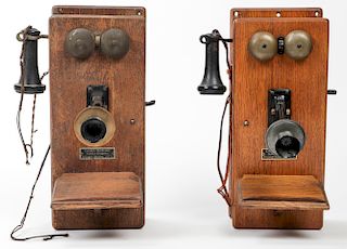 2 Antique Oak Case Wall Telephones