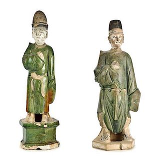Two Modern Glazed Pottery Tomb Figures, Height 14 3/4 inches.