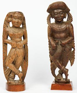2 Antique Carved Wood Indian Hindu Deities on Stands, 19th C