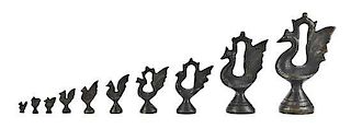 A Set of Bronze Opium Weights in the Form of a Bird, Height of tallest 5 3/8 inches.