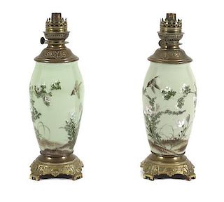 A Pair of Celadon Glazed and Bronze Mounted Porcelain Table Lamps, Height 16 inches.
