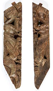 2 Carved Wood Architectural Corner Brackets, India, 19th C