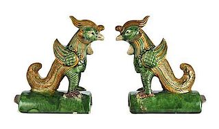 A Pair of Sancai Pottery Roof Tiles, Height 11 1/4 inches.