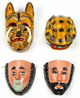 4 Vintage Mexican, 20th c. Festival Masks
