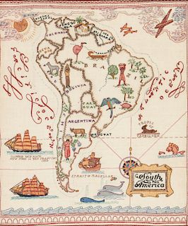 Old Needlework Folk Art Map of South America
