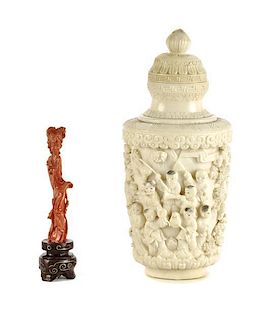 A Chinese Carved Coral Figure of a Lady, Height of larger 5 inches.