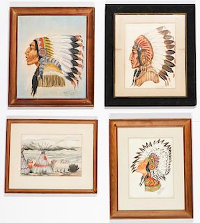 Henry Crow Skin (Sioux) Four Mixed Media Paintings, Ca. 1950