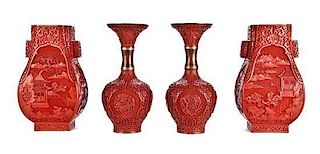 Two Pairs of Chinese Cinnabar Lacquer Vases, Height of tallest 12 1/4 inches.