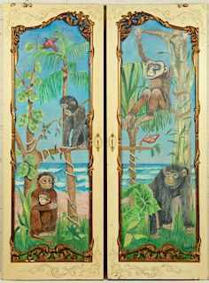 Pair of Hand-Painted Monkey Scenes on Doors