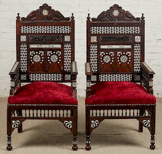 Fine Pair of Old Syrian Wood and Inlay Armchairs