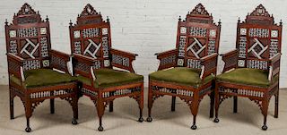 Set of 4 Syrian Wood and Inlay Armchairs, Early 20th C