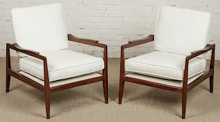 Pair of Mid Century Style Upholstered Wood Armchairs