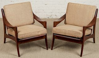 Pair of Mid Century Style Upholstered Wood Armchairs