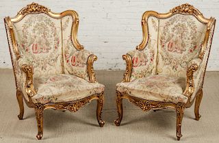 Pair of French Louis XV Style Giltwood Bergere Chairs