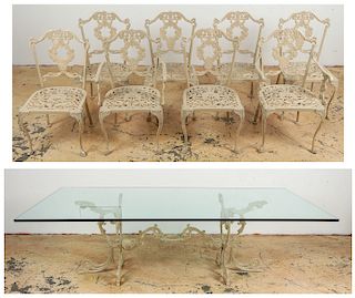 Fine Vintage Glass Table w. Iron Base & 8 Chairs