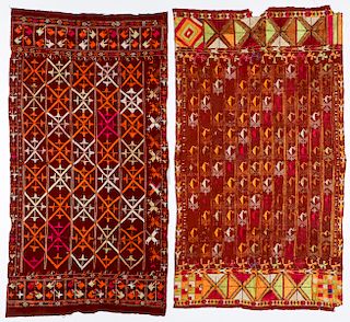 2 Antique Silk Embroidered Phulkari Textiles, Punjab