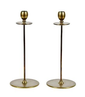 A Pair of Arts and Crafts Bronze Candlesticks, Robert Jarvie, Height 12 inches.