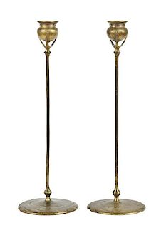 A Pair of Tiffany Studios Dore Bronze Candlesticks, Height 18 inches.