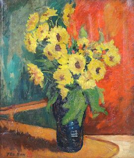 YEE BON. Oil on Canvas. Yellow Flowers in a Vase.