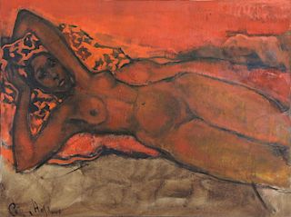 HOLDER, Geoffrey. Oil on Canvas. Reclining Nude.