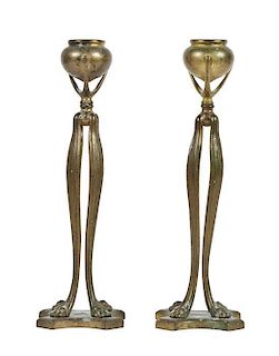 A Pair of Tiffany Studios Dore Bronze Candlesticks, Height 11 3/8 inches.