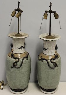 Pair of Celadon Crackle Glazed Vases as Lamps.