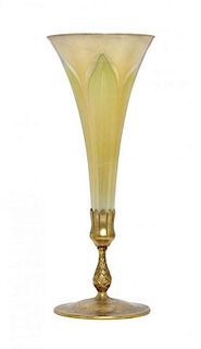A Tiffany Studios Dore Bronze and Favrile Glass Trumpet Vase, Height 14 inches.