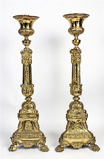 A Pair of Baroque Style Gilt Metal Prickets Height 32 5/8 inches.