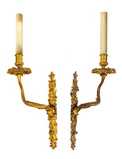 A Pair of French Gilt Bronze Single-Light Sconces Height 14 1/2 inches.