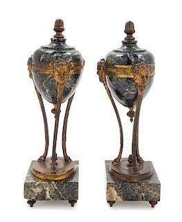 A Pair of Neoclassical Bronze and Marble Cassolettes Height 13 inches.