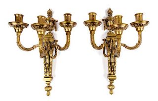 A Pair of Louis XVI Style Gilt Bronze Three-Light Sconces Height 22 3/4 inches.