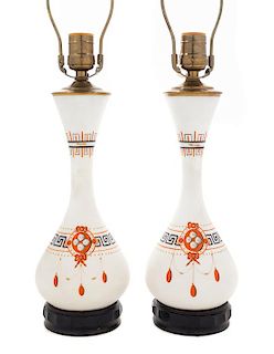 * A Pair of French Painted Glass Vases Height 19 inches.